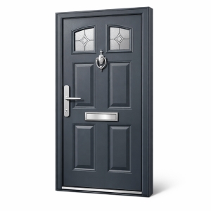 Anthracite grey composite front door with traditional panel design and decorative glass — Dublin Blinds