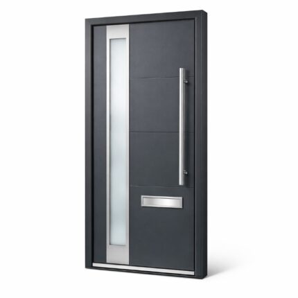 Anthracite grey contemporary composite door with full-height glazed strip and stainless-steel pull bar handle — Dublin Blinds
