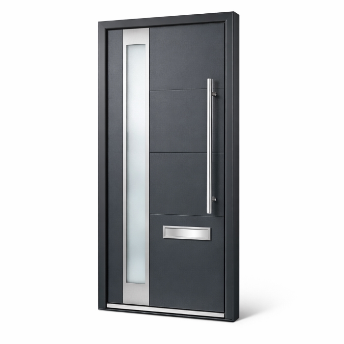 contemporary-composite-door-featured Anthracite grey contemporary composite door with full-height glazed strip and stainless-steel pull bar handle — Dublin Blinds