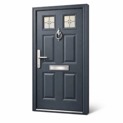 Anthracite grey traditional composite front door with six-panel design, decorative glass inserts, and traditional metalwork — Dublin Blinds