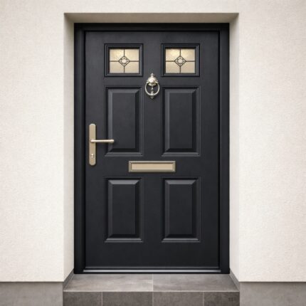Black traditional composite door with decorative glass and rustic metalwork professionally installed in a Dublin home entrance — Dublin Blinds